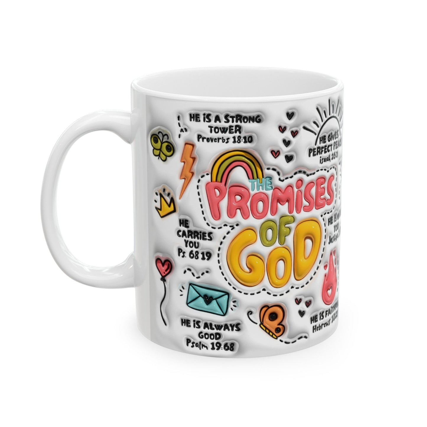 The Promises of God, God's promises Mug, Ceramic Mug 11oz, Bible verses mug, 3D Sublimation Mug, Coffee Mug, Retro Christian Puffy